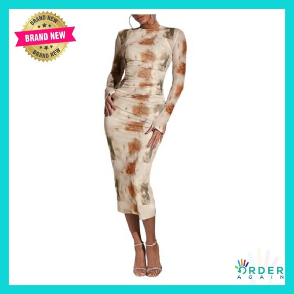 Mesh Long Sleeve Bodycon Midi Dress Elegant Chic Cocktail Party Evening Wear - Picture 6 of 7